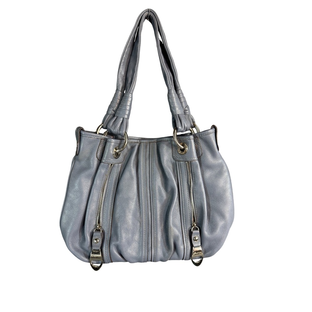 B. Makowsky Blue Pebbled Leather Hobo Shoulder Bag Silver Hardware Large